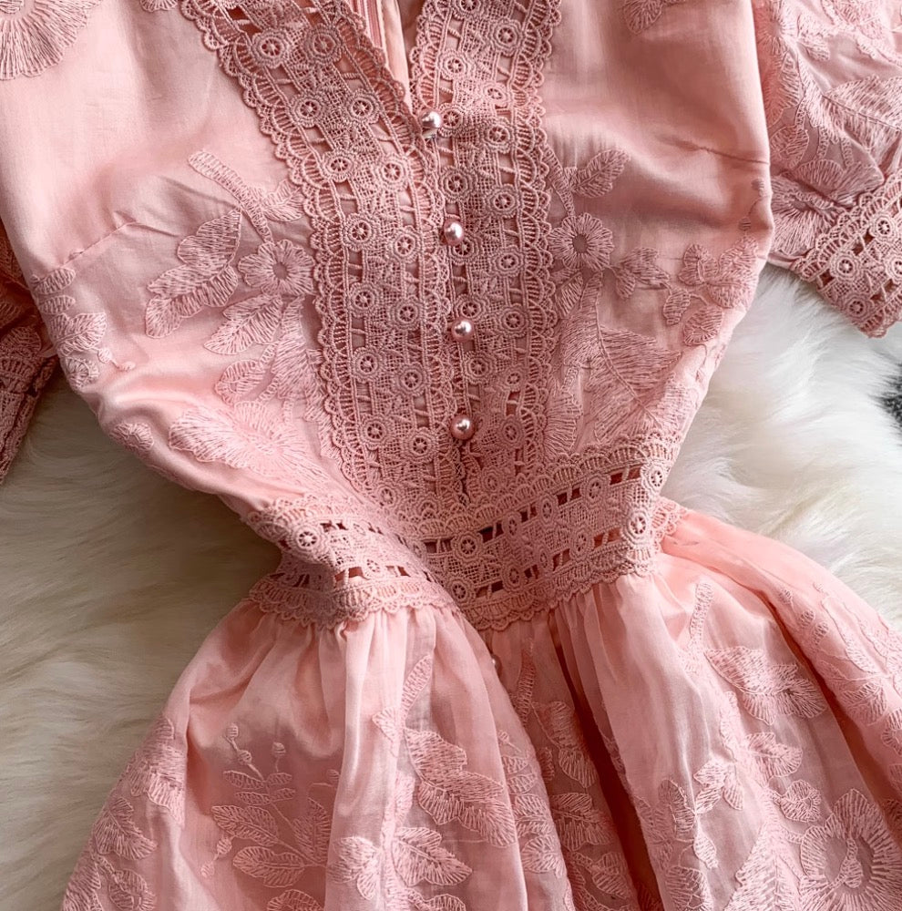 V-neck Embroidered Puffy Sleeve Dress