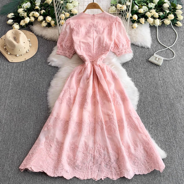 V-neck Embroidered Puffy Sleeve Dress