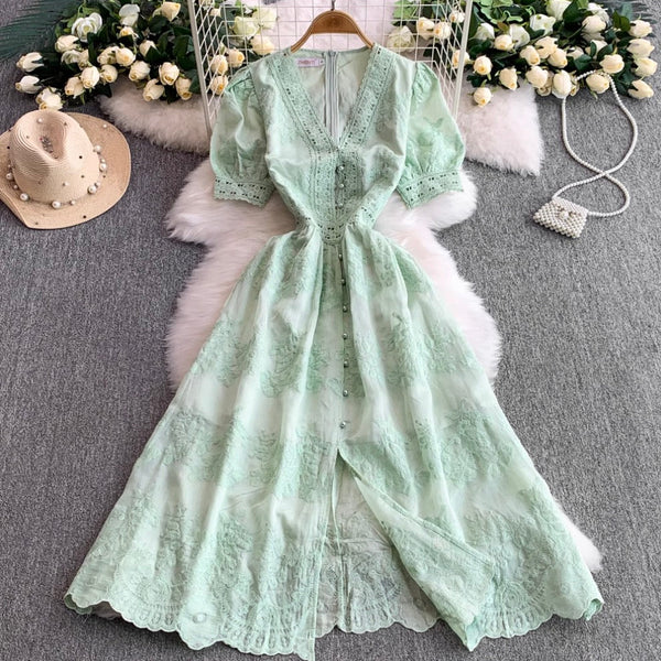 V-neck Embroidered Puffy Sleeve Dress