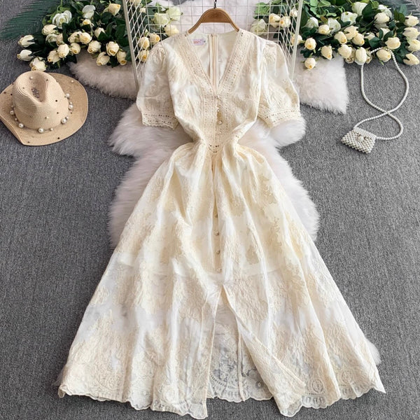 V-neck Embroidered Puffy Sleeve Dress