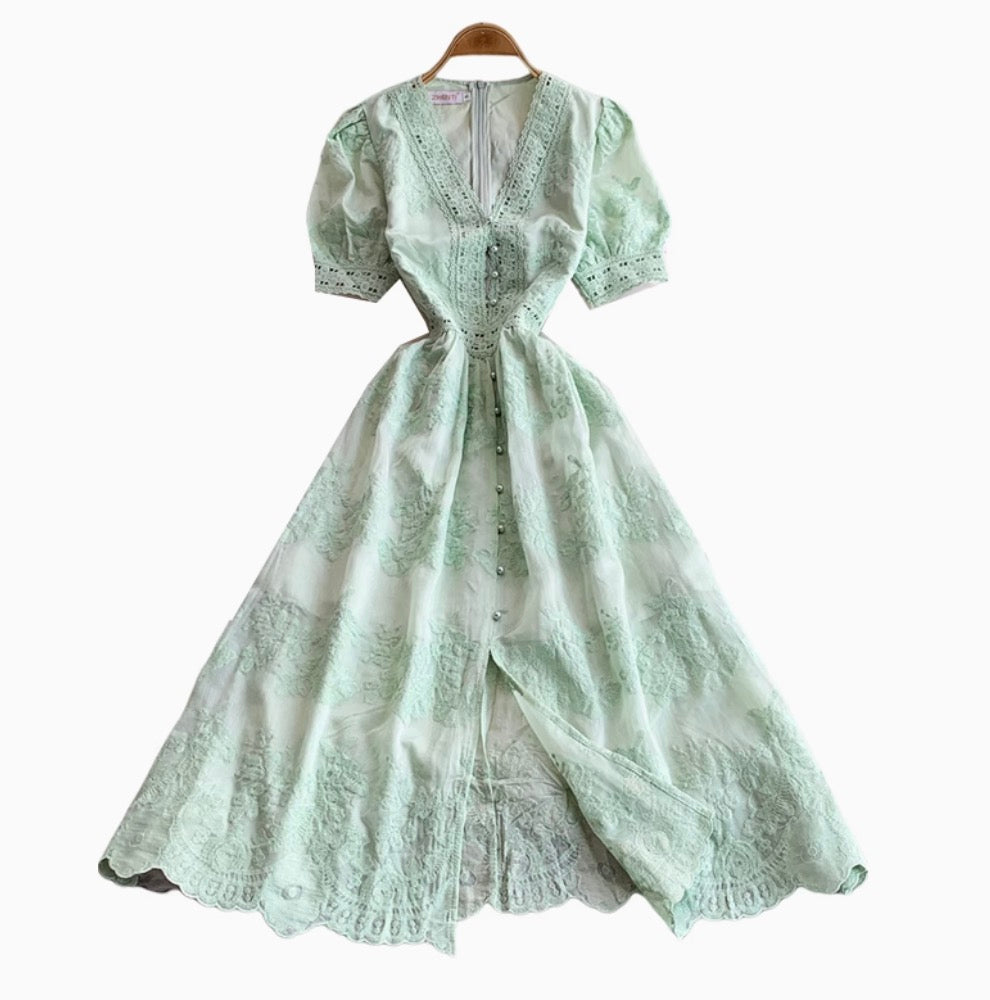 V-neck Embroidered Puffy Sleeve Dress