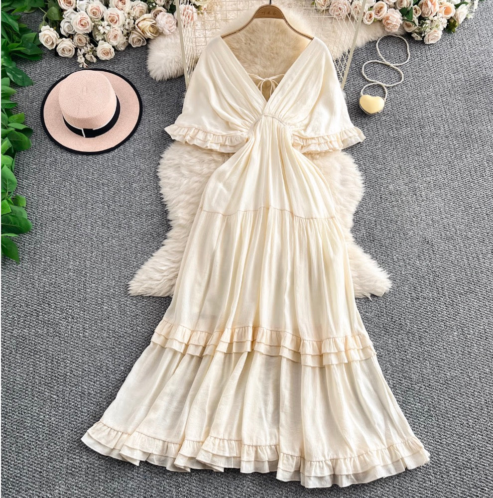 Deep V-neck Ruffled Apricot Dress