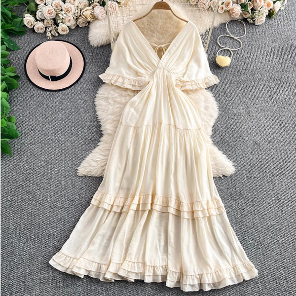 Deep V-neck Ruffled Apricot Dress
