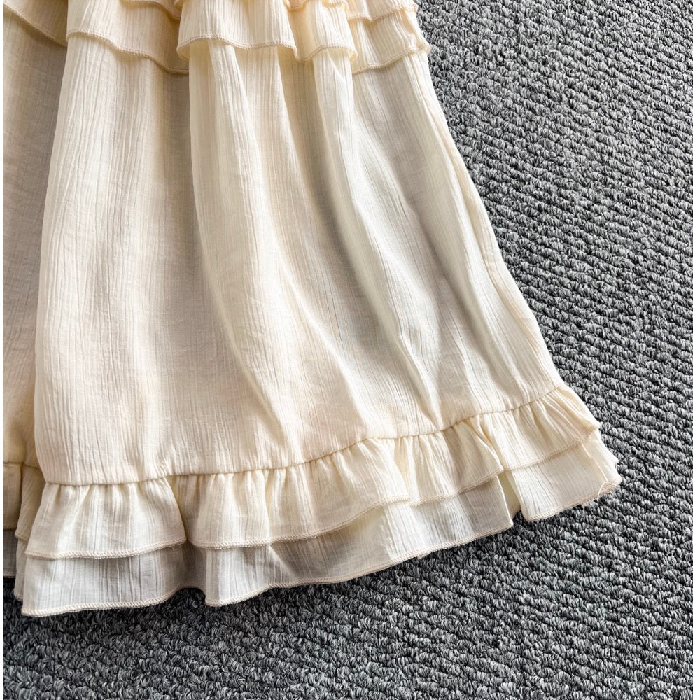 Deep V-neck Ruffled Apricot Dress