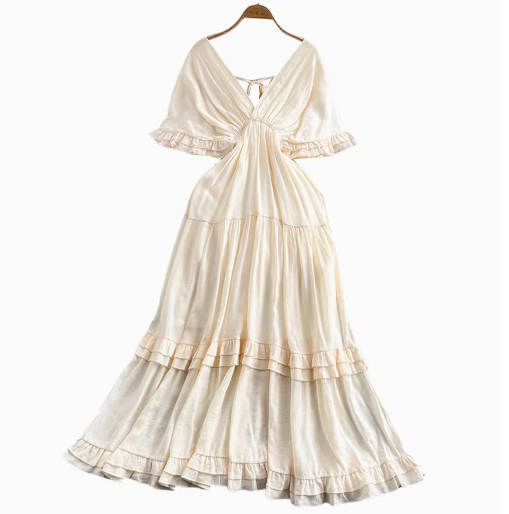 Deep V-neck Ruffled Apricot Dress