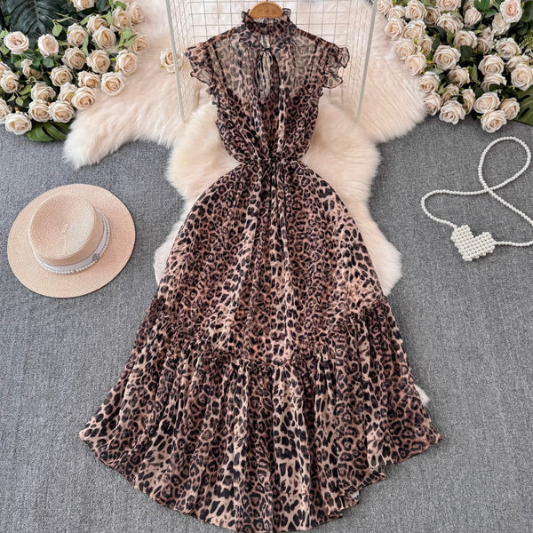 Vintage Ruffled Collar Floral Chiffon Dress