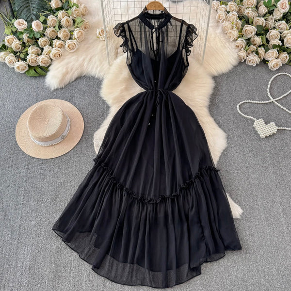 Vintage Ruffled Collar Floral Chiffon Dress