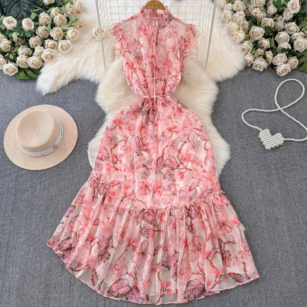 Vintage Ruffled Collar Floral Chiffon Dress