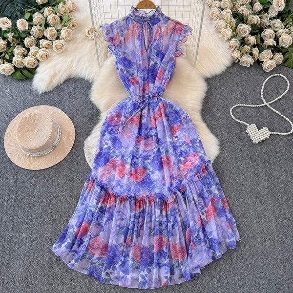 Vintage Ruffled Collar Floral Chiffon Dress