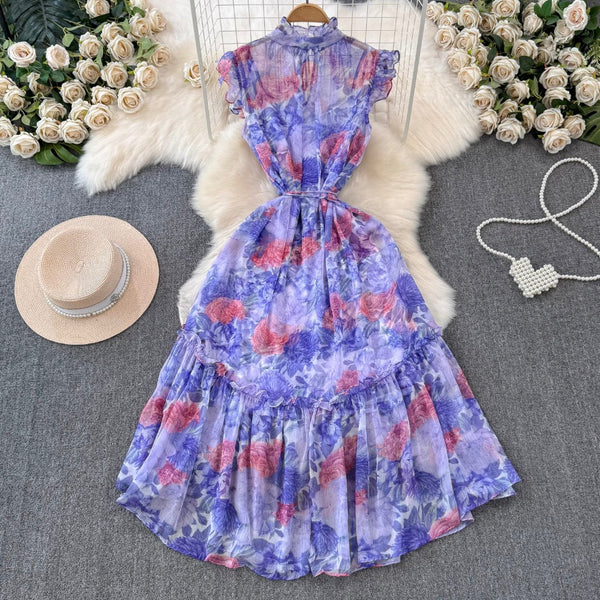 Vintage Ruffled Collar Floral Chiffon Dress