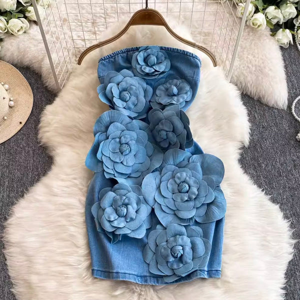Handcraft 3D Ruffled Flower Blue Dress