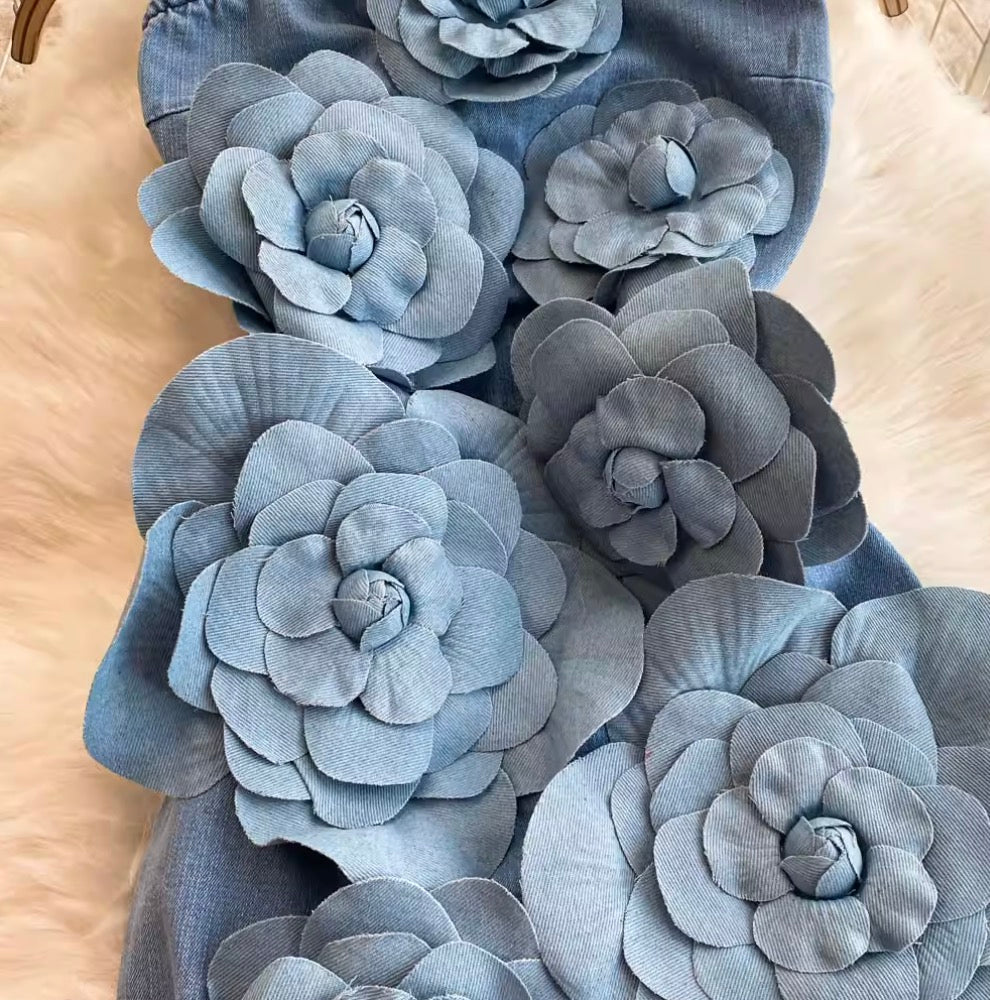 Handcraft 3D Ruffled Flower Blue Dress