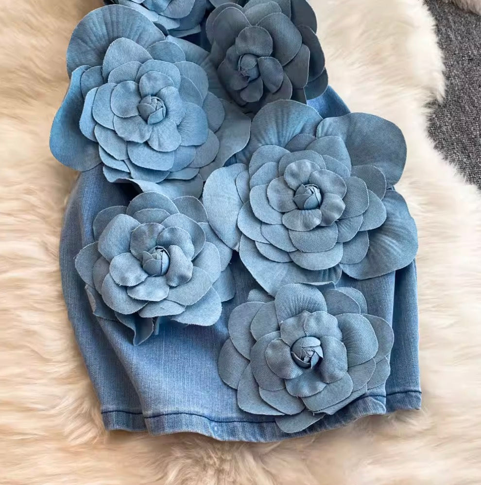 Handcraft 3D Ruffled Flower Blue Dress