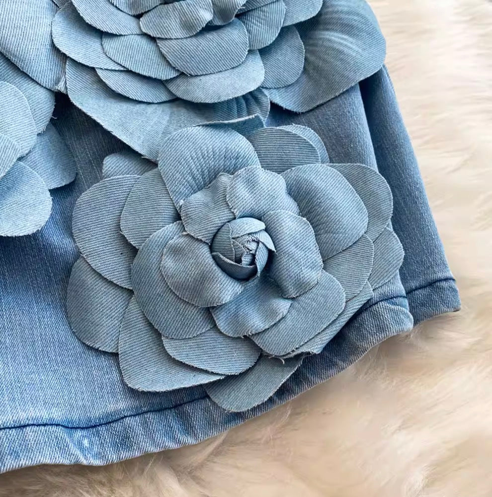 Handcraft 3D Ruffled Flower Blue Dress