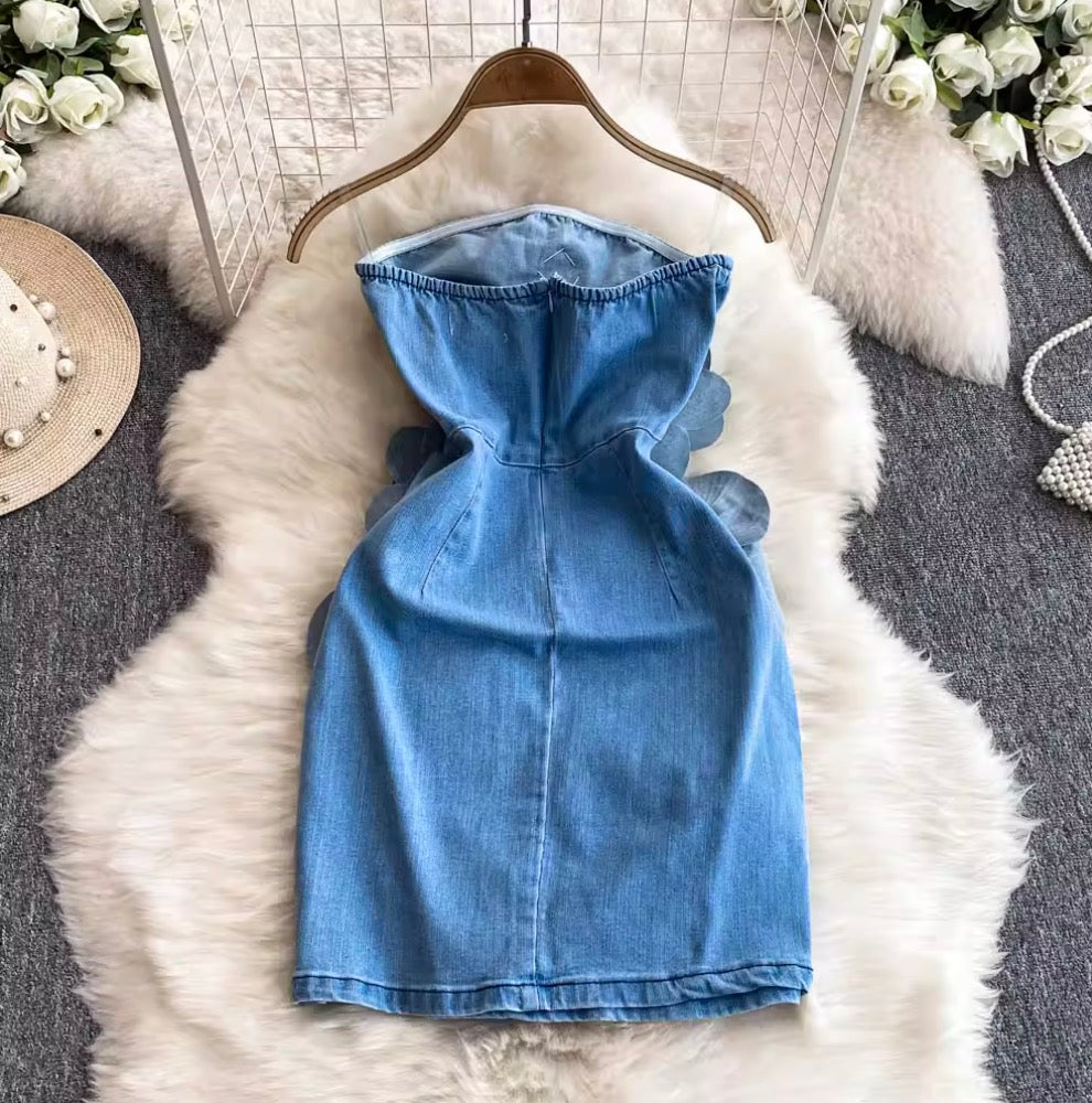 Handcraft 3D Ruffled Flower Blue Dress