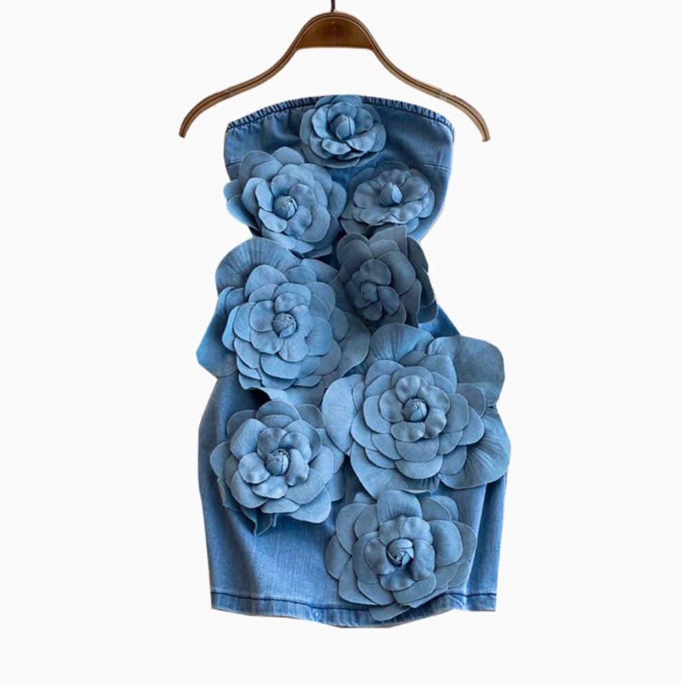 Handcraft 3D Ruffled Flower Blue Dress