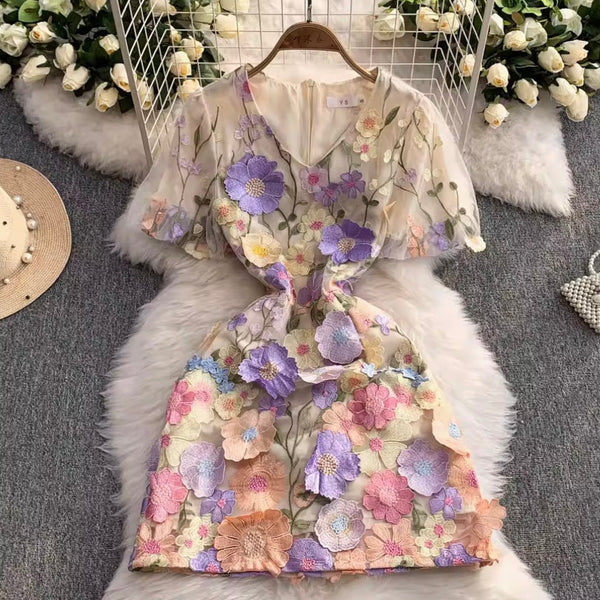 Colorful 3D Flower Short Dress