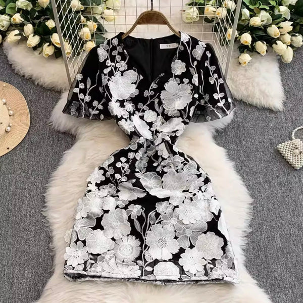 Colorful 3D Flower Short Dress