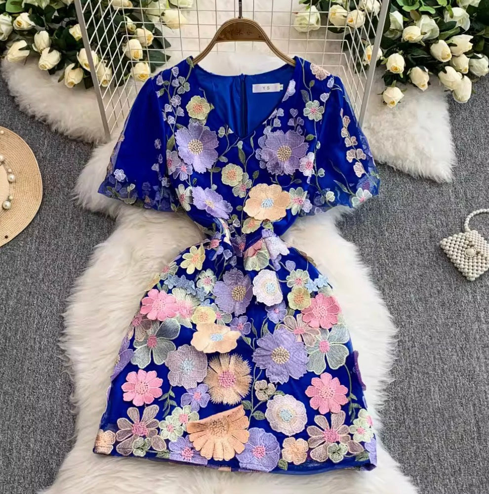 Colorful 3D Flower Short Dress