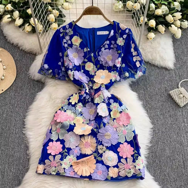 Colorful 3D Flower Short Dress