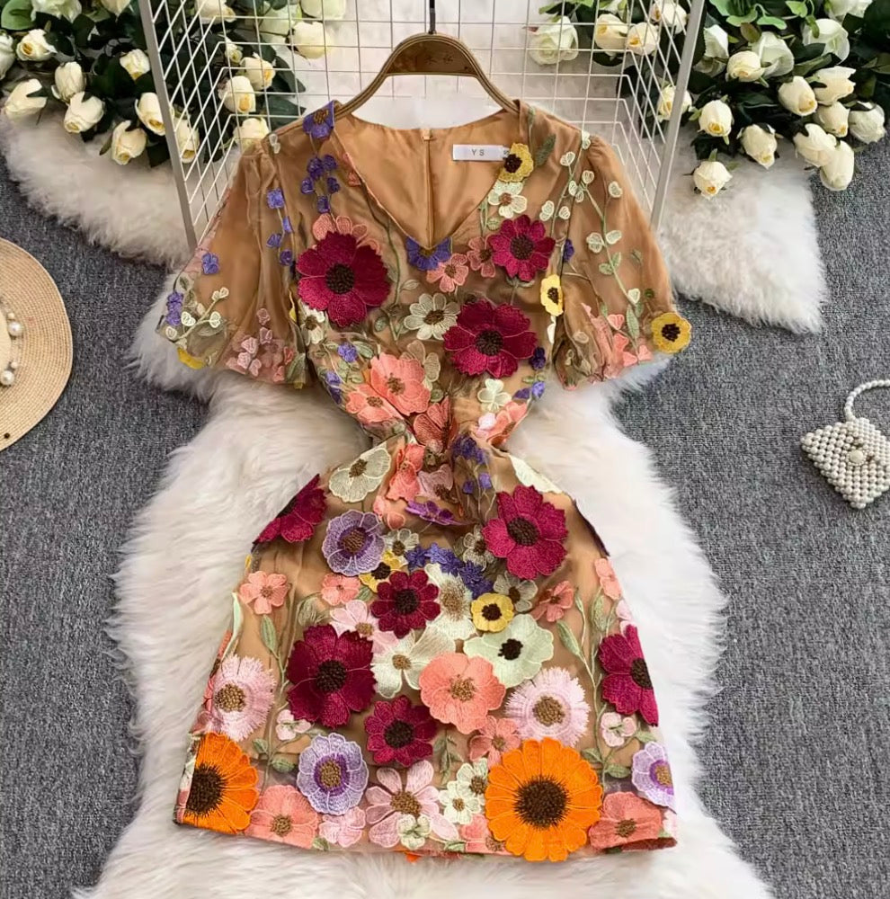 Colorful 3D Flower Short Dress