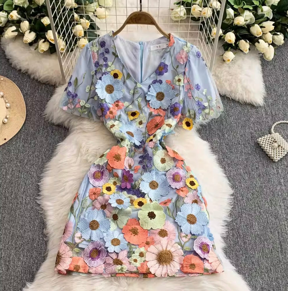 Colorful 3D Flower Short Dress