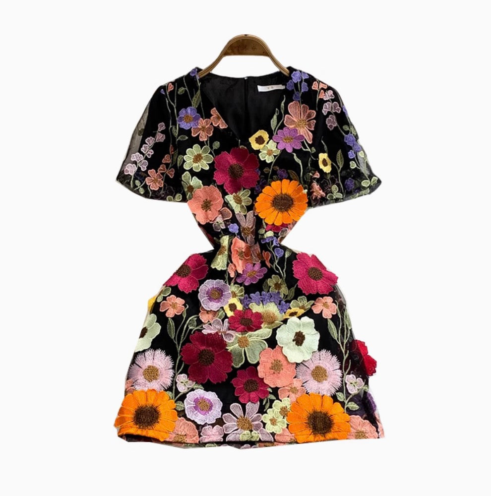 Colorful 3D Flower Short Dress