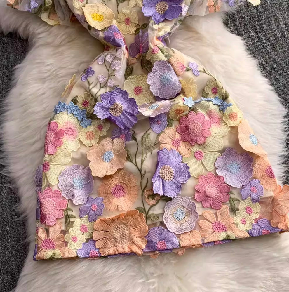Colorful 3D Flower Short Dress