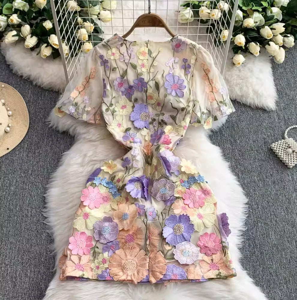 Colorful 3D Flower Short Dress