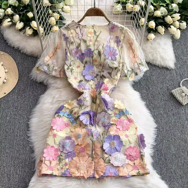 Colorful 3D Flower Short Dress