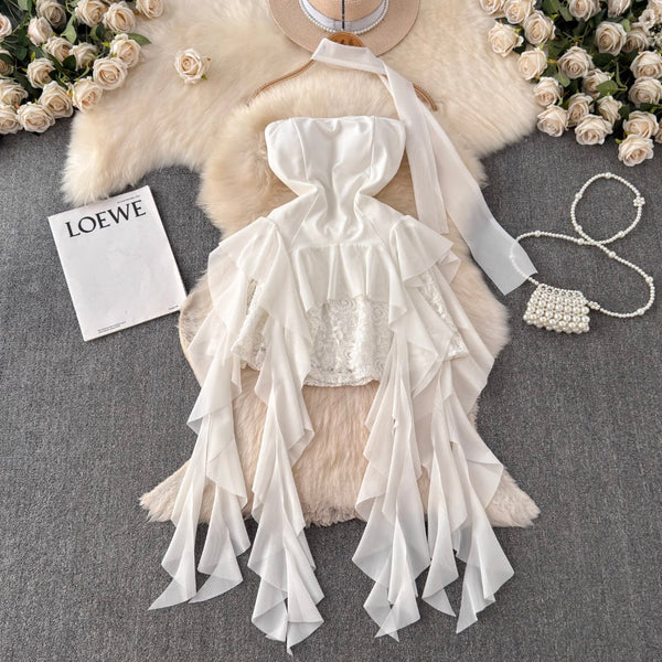 Irregular Design Ruffled White Dress