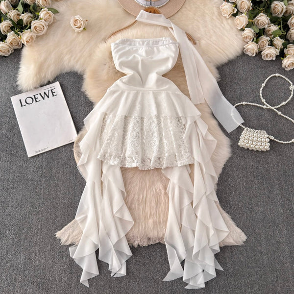 Irregular Design Ruffled White Dress
