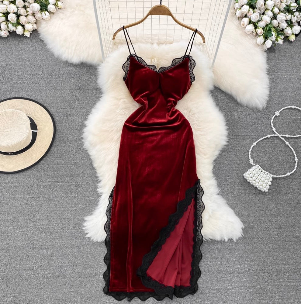 Sexy Lace Trim Suede Slip Dress