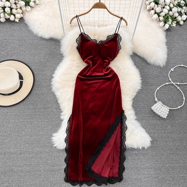 Sexy Lace Trim Suede Slip Dress