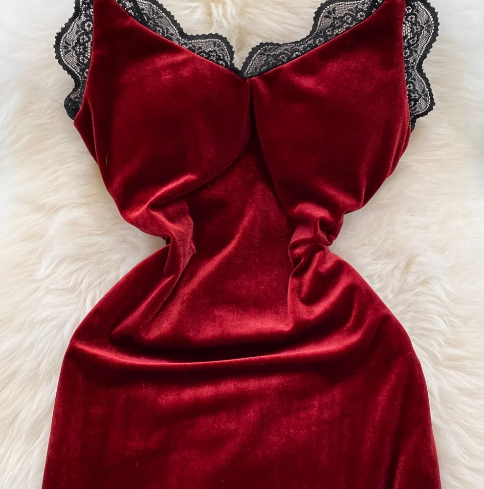 Sexy Lace Trim Suede Slip Dress