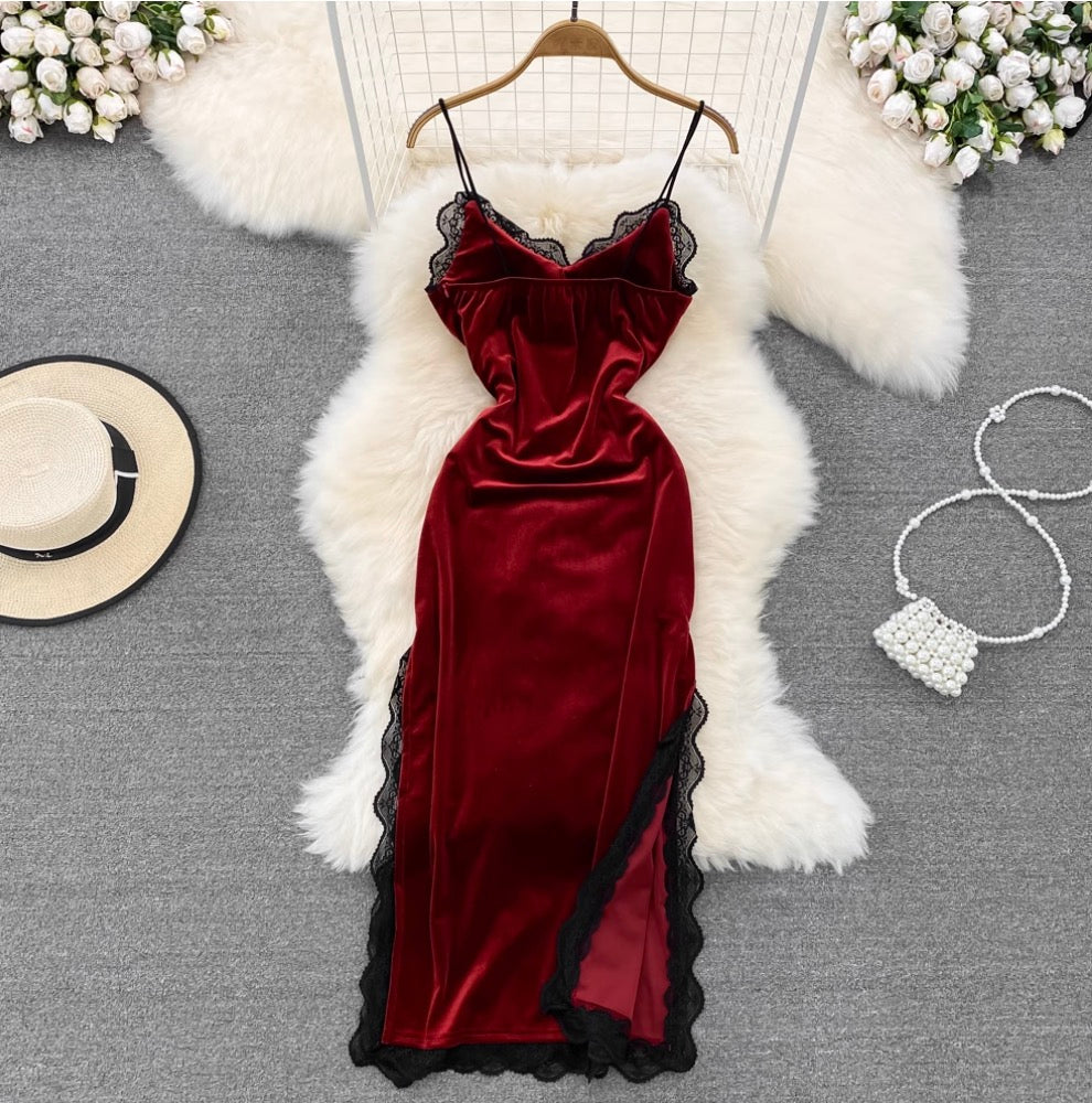 Sexy Lace Trim Suede Slip Dress