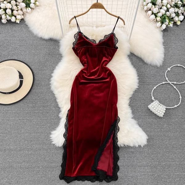 Sexy Lace Trim Suede Slip Dress