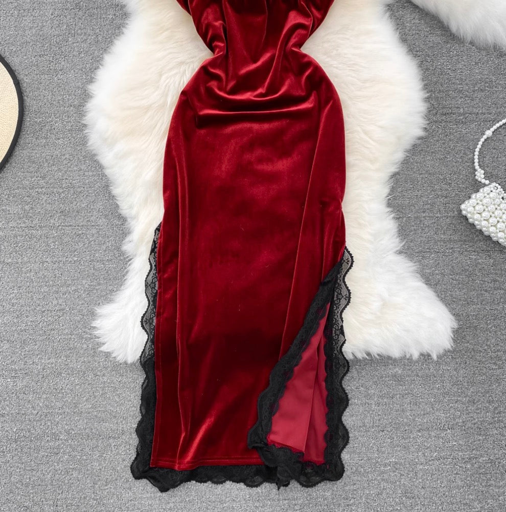 Sexy Lace Trim Suede Slip Dress