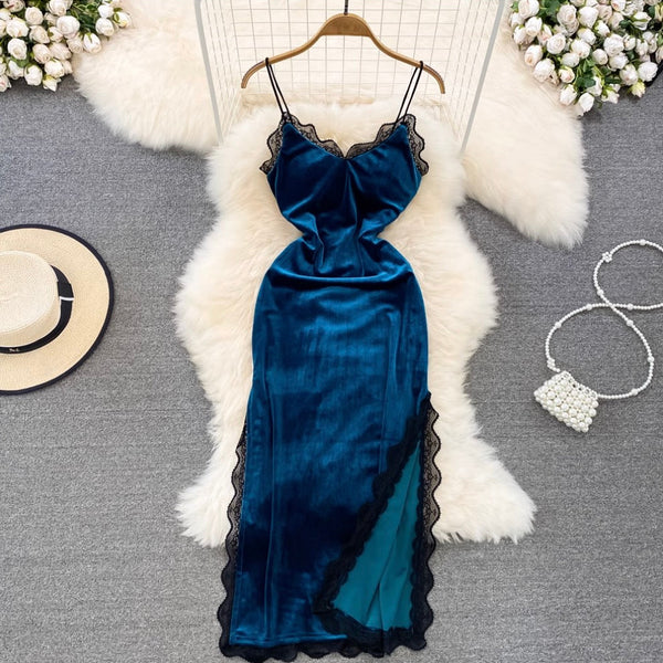 Sexy Lace Trim Suede Slip Dress