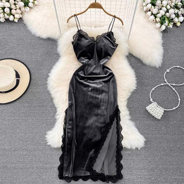Sexy Lace Trim Suede Slip Dress
