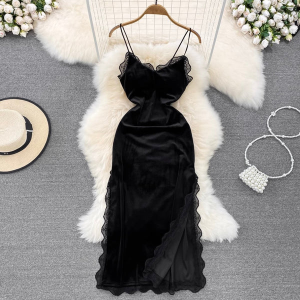 Sexy Lace Trim Suede Slip Dress