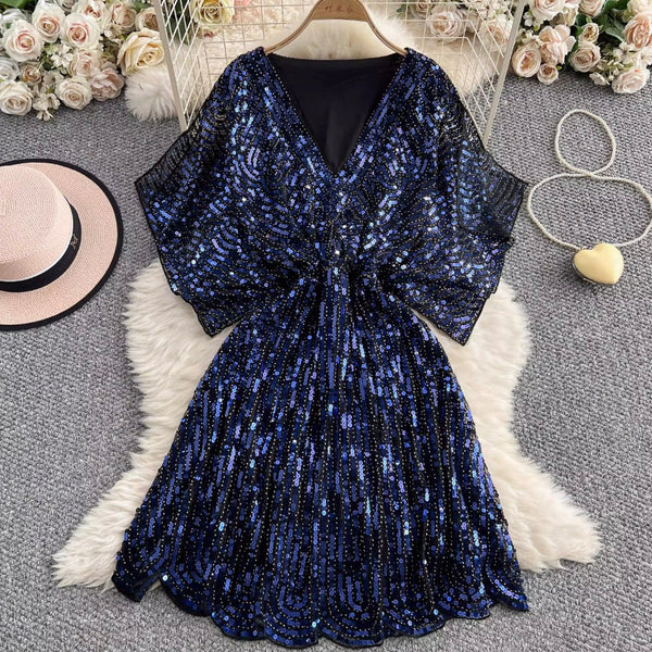 Elegant V-neck Sequined Embroidery Dress