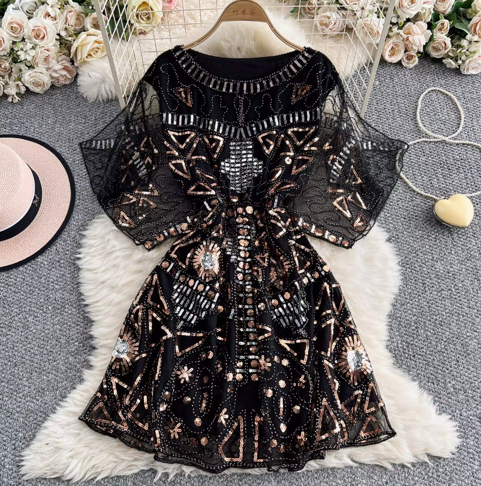 Elegant V-neck Sequined Embroidery Dress