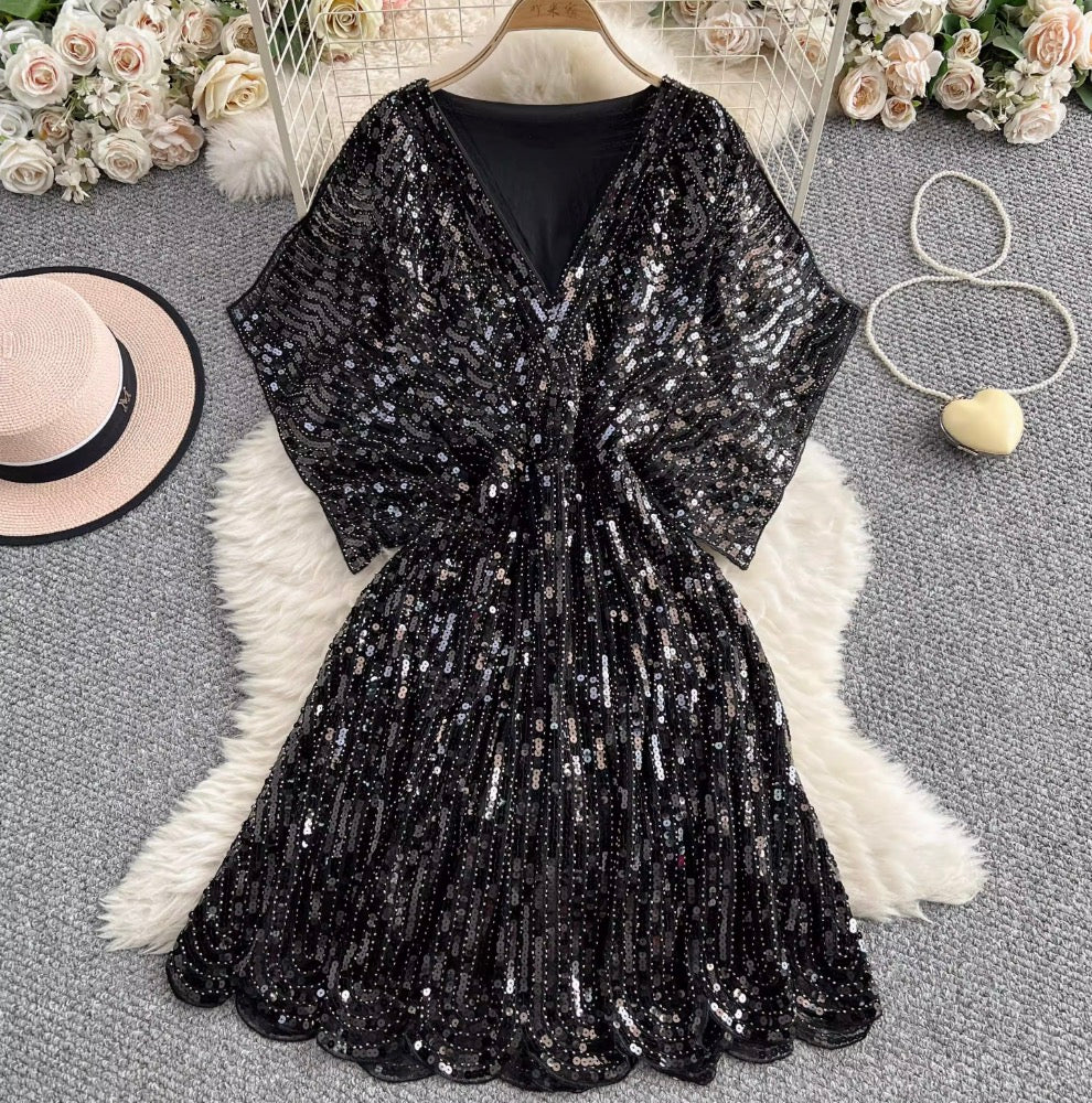 Elegant V-neck Sequined Embroidery Dress