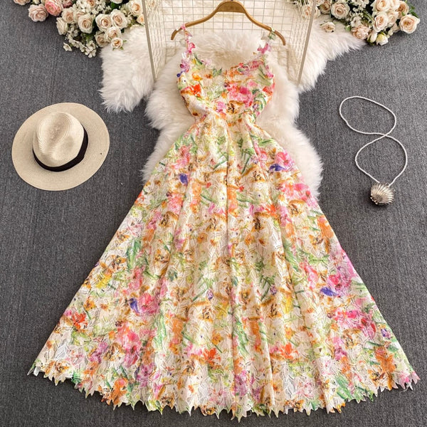 French Style Colorful Floral Lace Dress