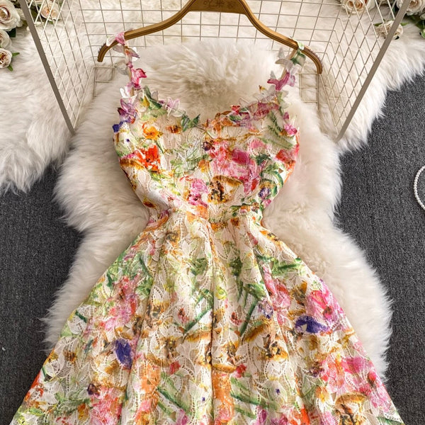 French Style Colorful Floral Lace Dress