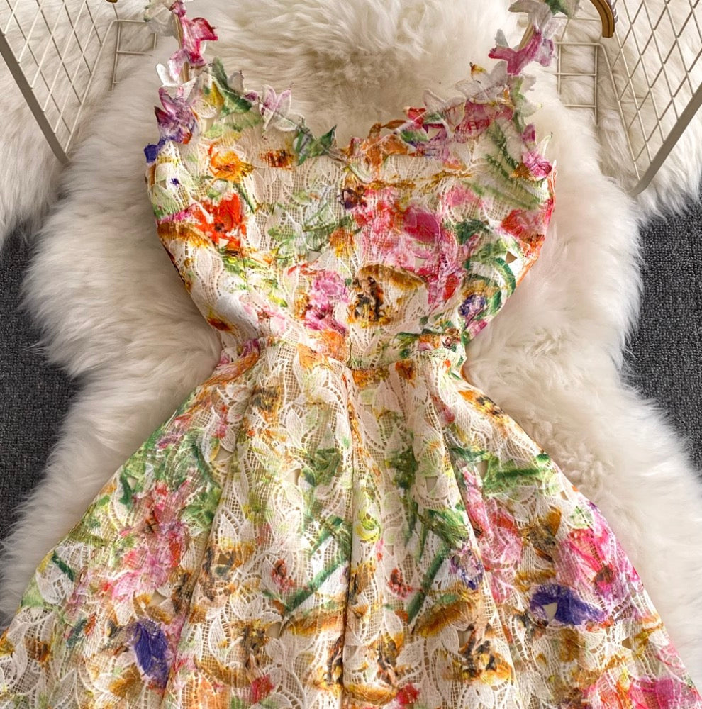 French Style Colorful Floral Lace Dress