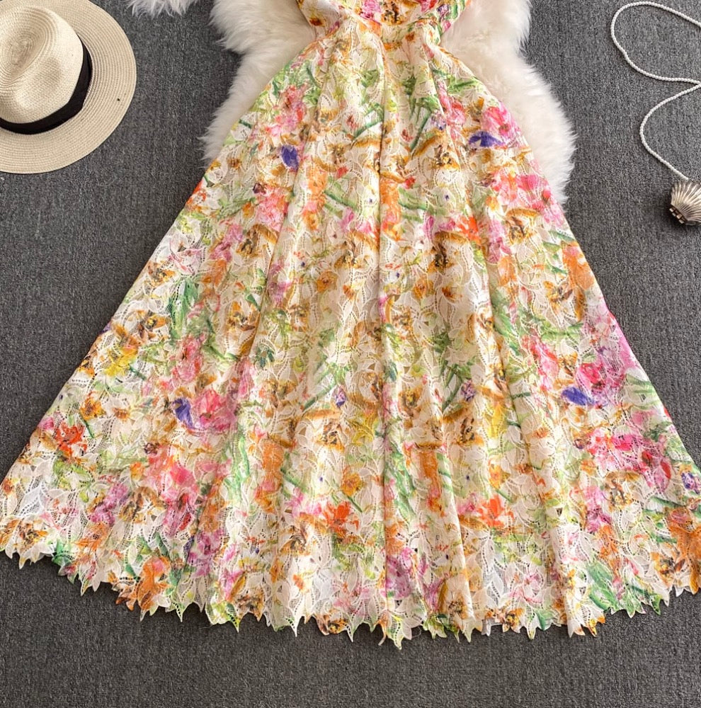 French Style Colorful Floral Lace Dress