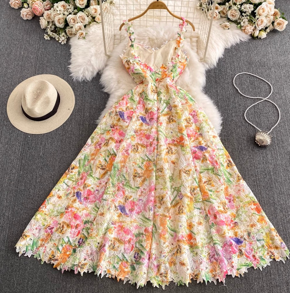 French Style Colorful Floral Lace Dress