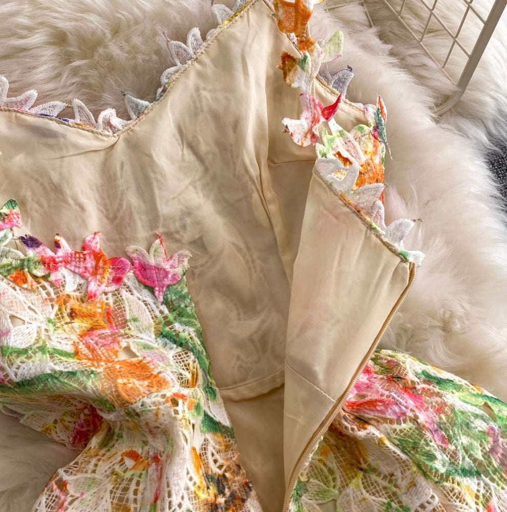 French Style Colorful Floral Lace Dress